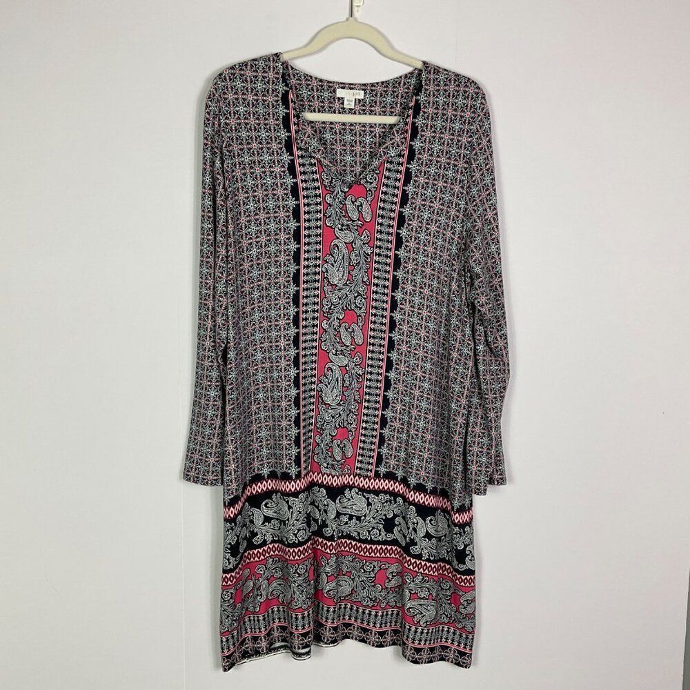 J. Jill Women's Dress Geometric Floral Print Coral & Blue Long Sleeve, XL Petite